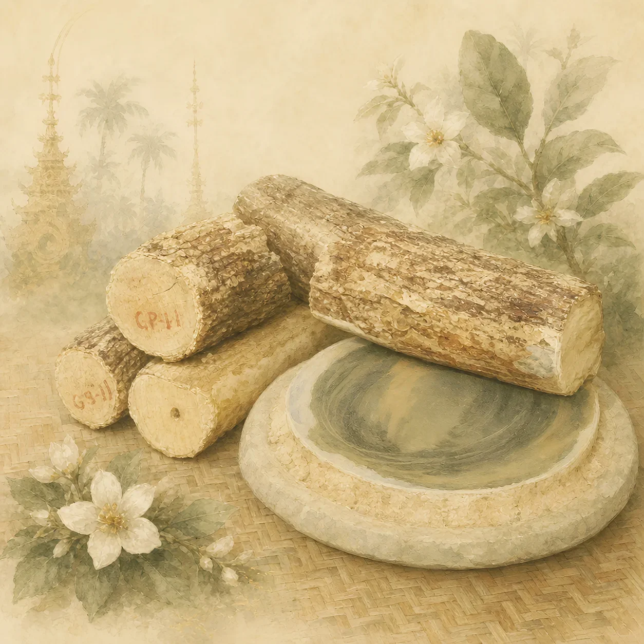 Kyauk Pyin grinding stone with a smooth Thanaka preparation in the Entrancia Founding World style