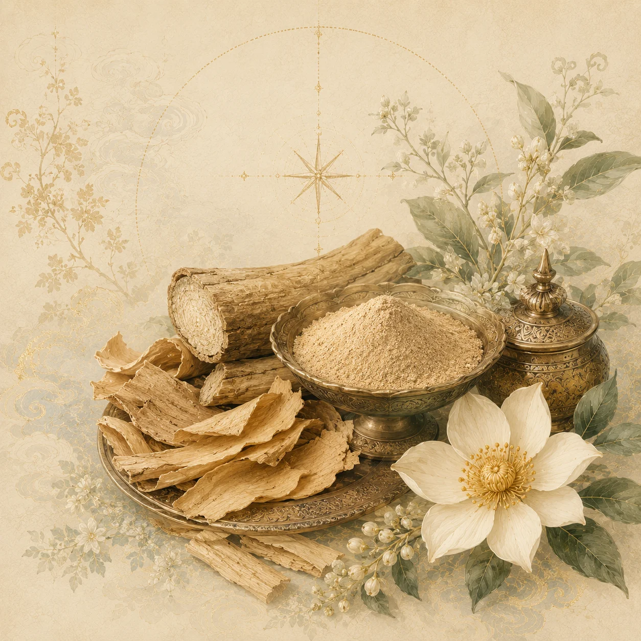 Thanaka bark, powder and fragrant botanical material arranged in the Entrancia Founding World style