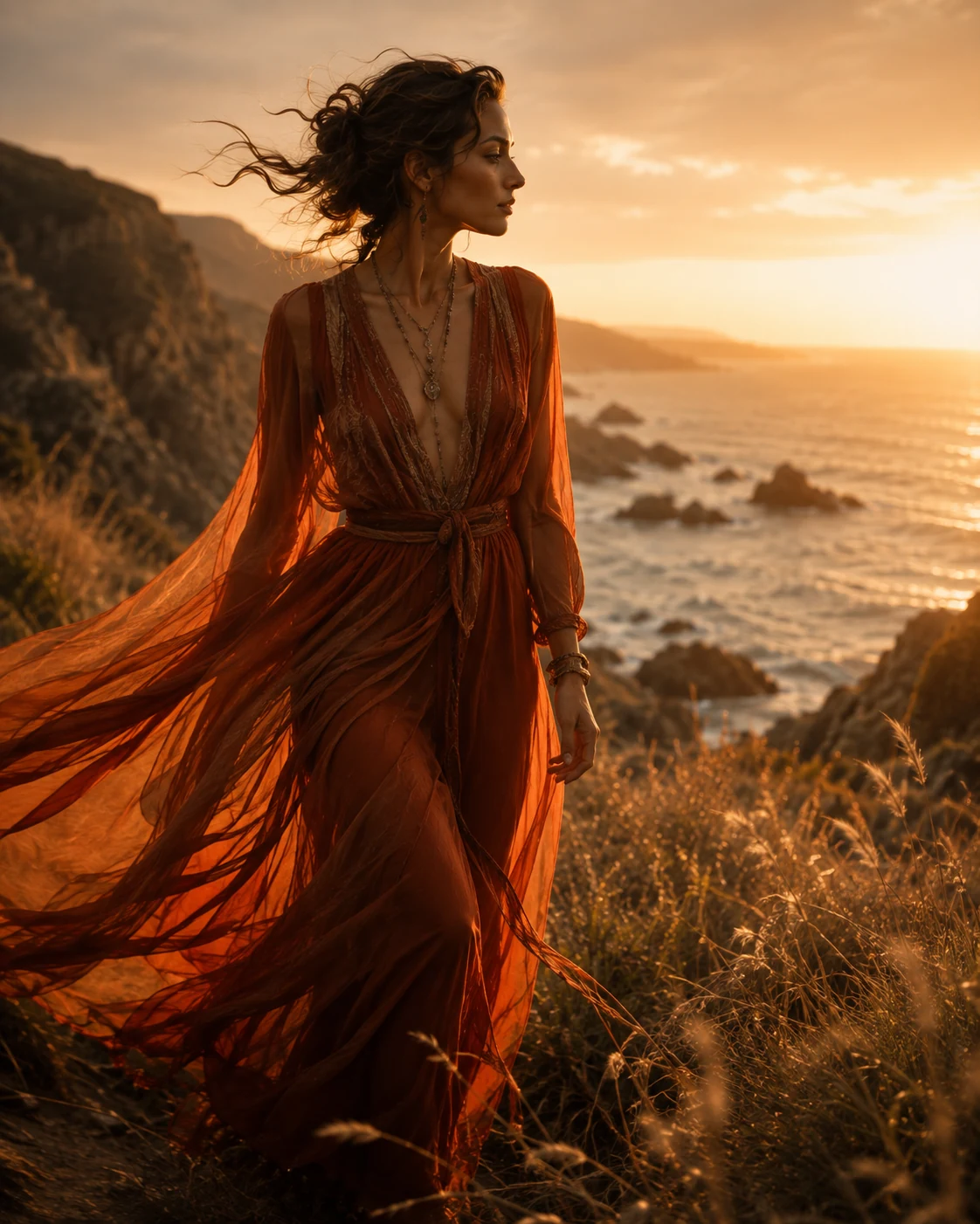 Woman in a flowing red-gold dress in coastal light