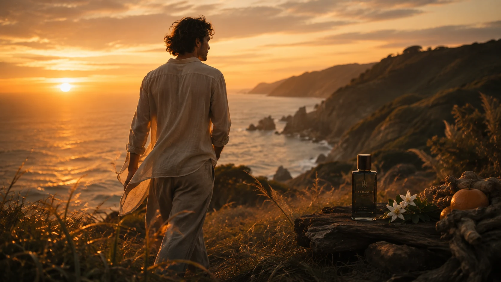 A man looking across the coast with an Entrancia bottle held quietly in the scene