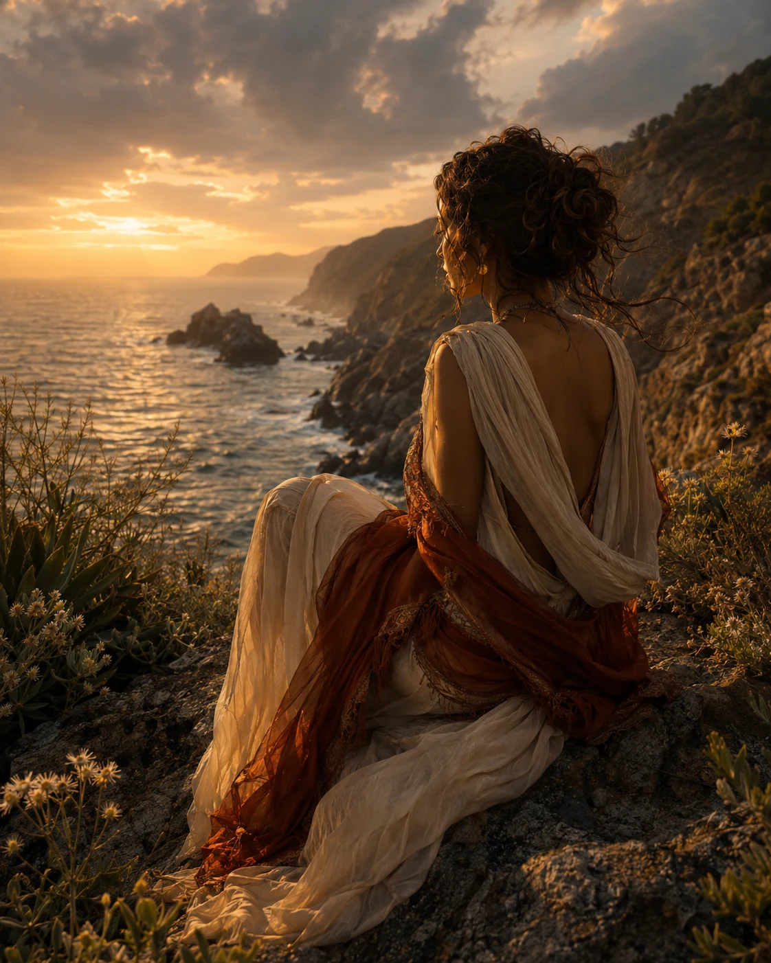 Woman seated above the coast at sunset