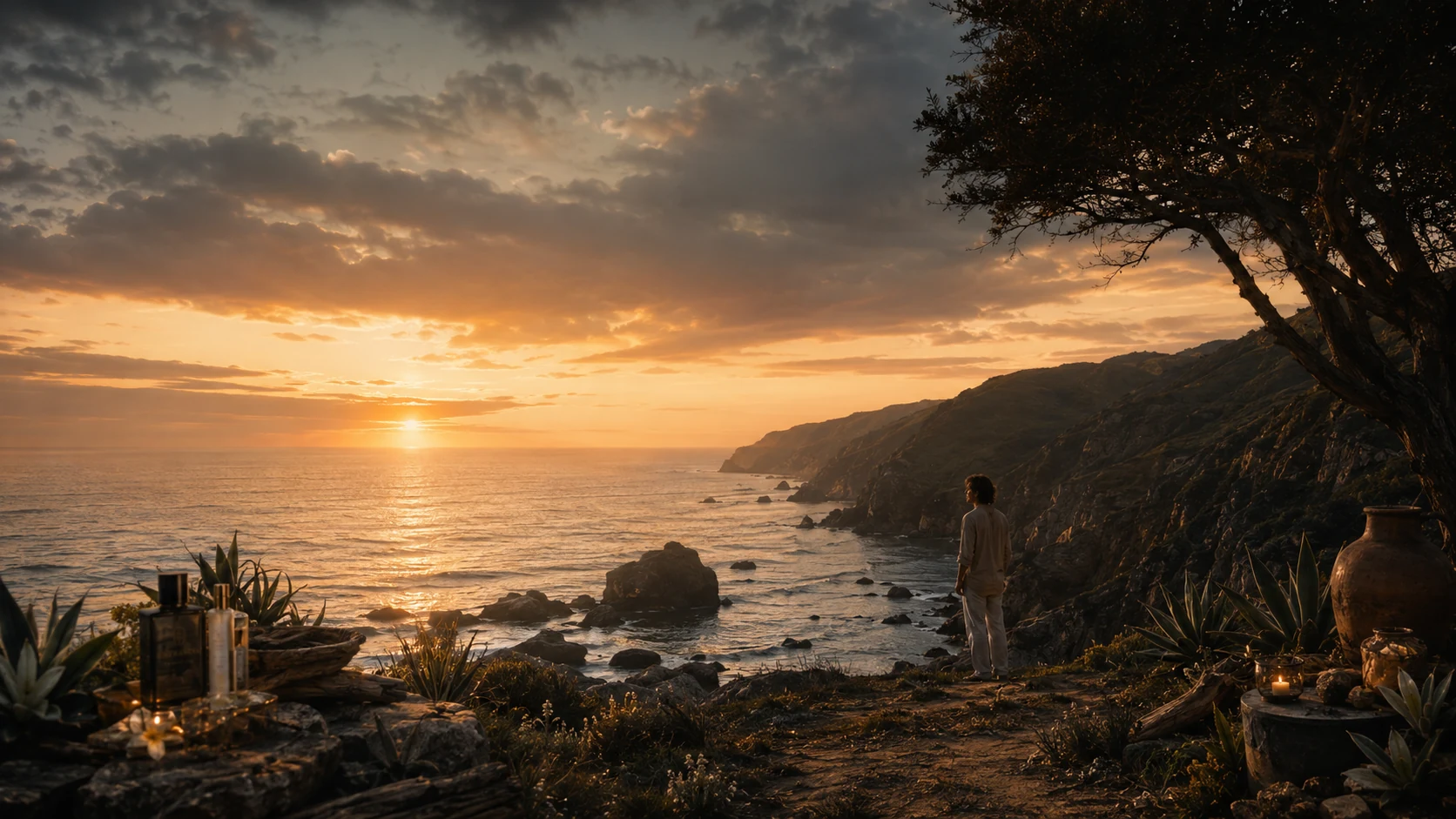 Wide coastal sunset with a solitary figure
